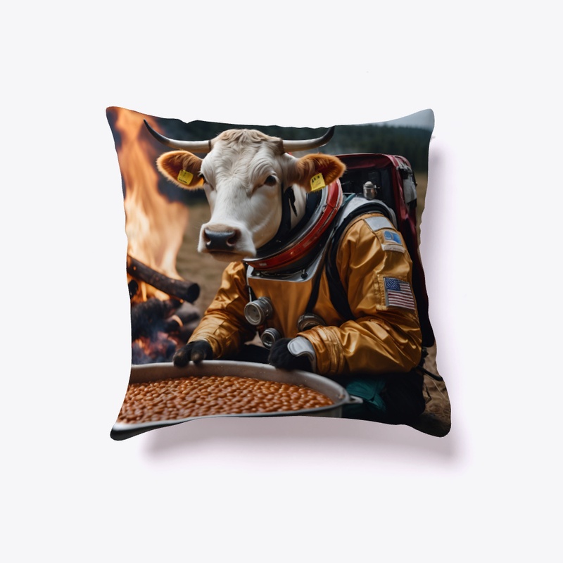 A cow eating baked beans