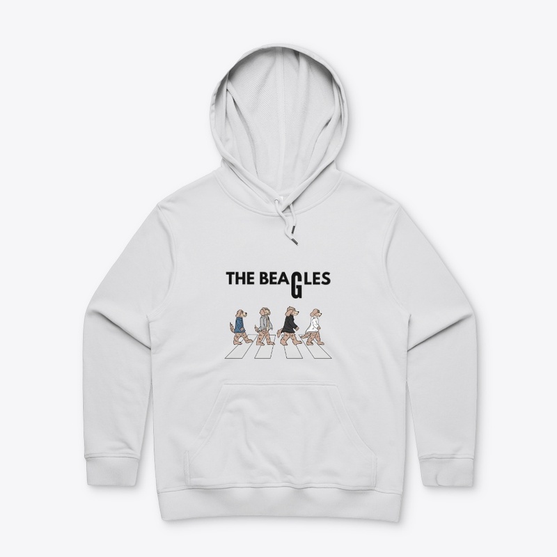 Four Beagles wearing Jackets walking