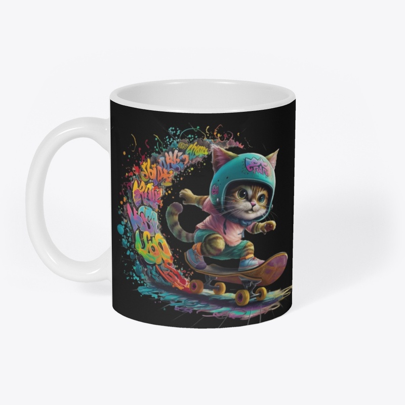 Cat skiing down a street of colors