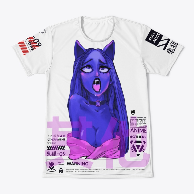 Kitsune 9 tails. Anime cyberpunk girl.