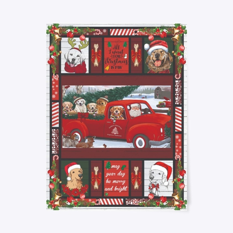 Santa Riding Red Truck Golden Retriever