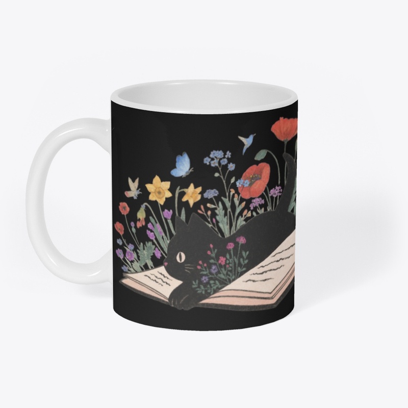Black Cat & Blooming Book Whimsical