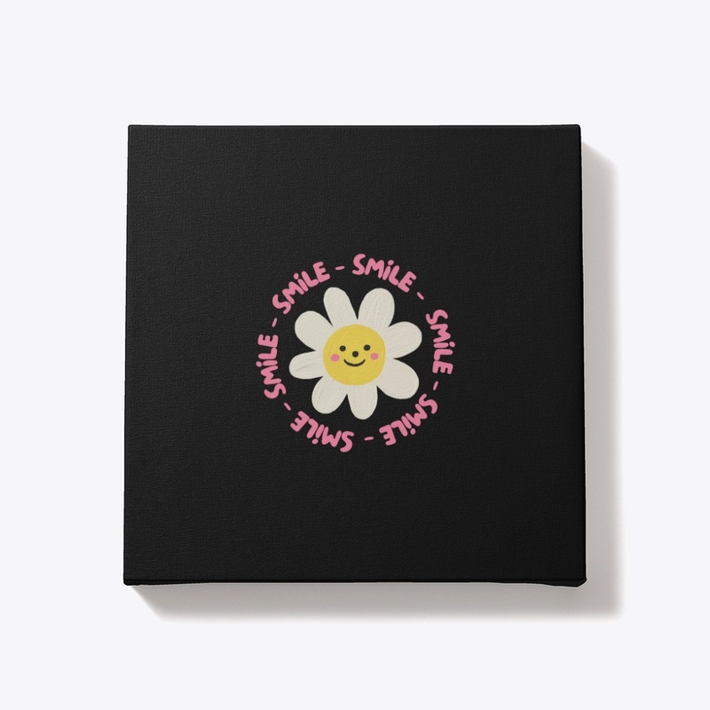 "Smiling flower with SMILE text in pink.