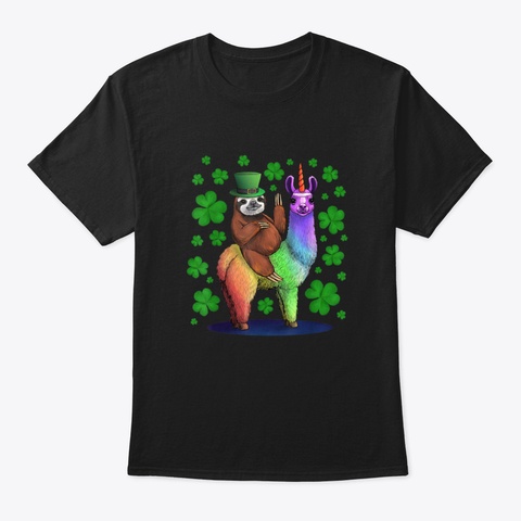 Leprechaun Sloth Riding Llama Unicorn St Black T-Shirt Front