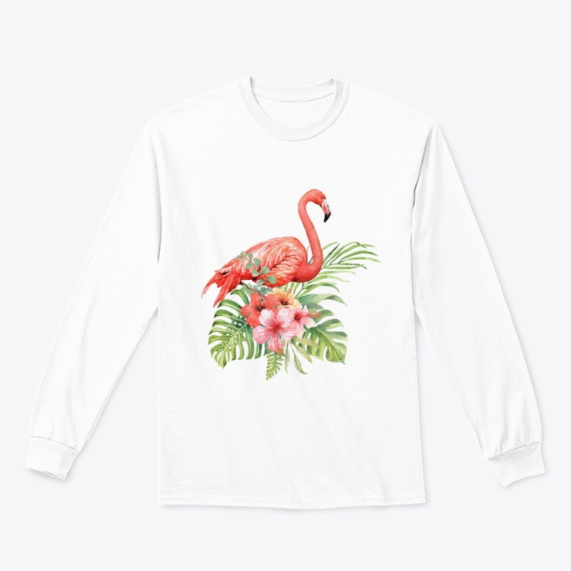 Watercolor flamingo in hibiscus bouquet