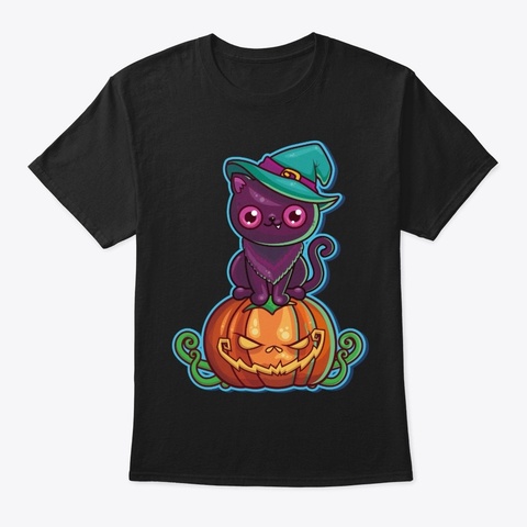 Halloween Pumpkin  Black Cat  Black T-Shirt Front