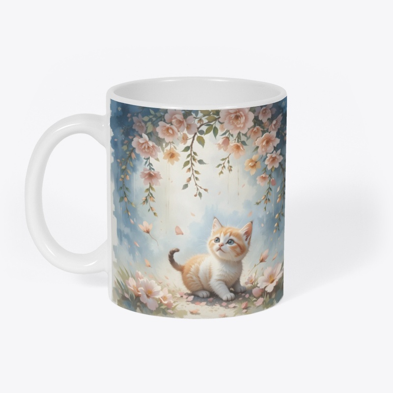 Kitten playing under falling flowers