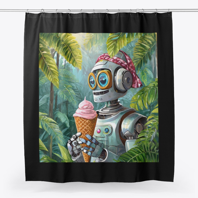 Robot eating icecream in the jungle