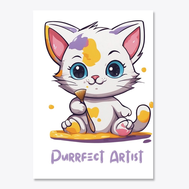 Cute Cat with Brush and Paint Stains