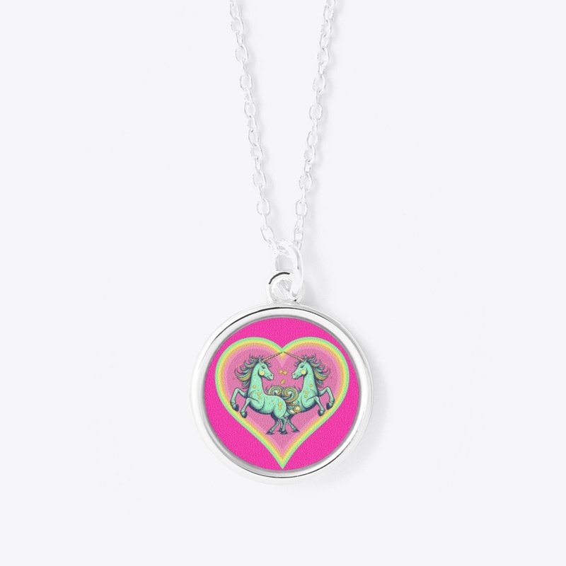 Two unicorns, stars in rainbow heart