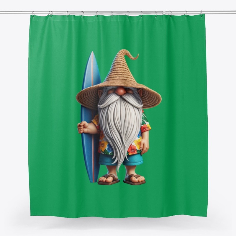 Gnome with surfing board on a  the beach