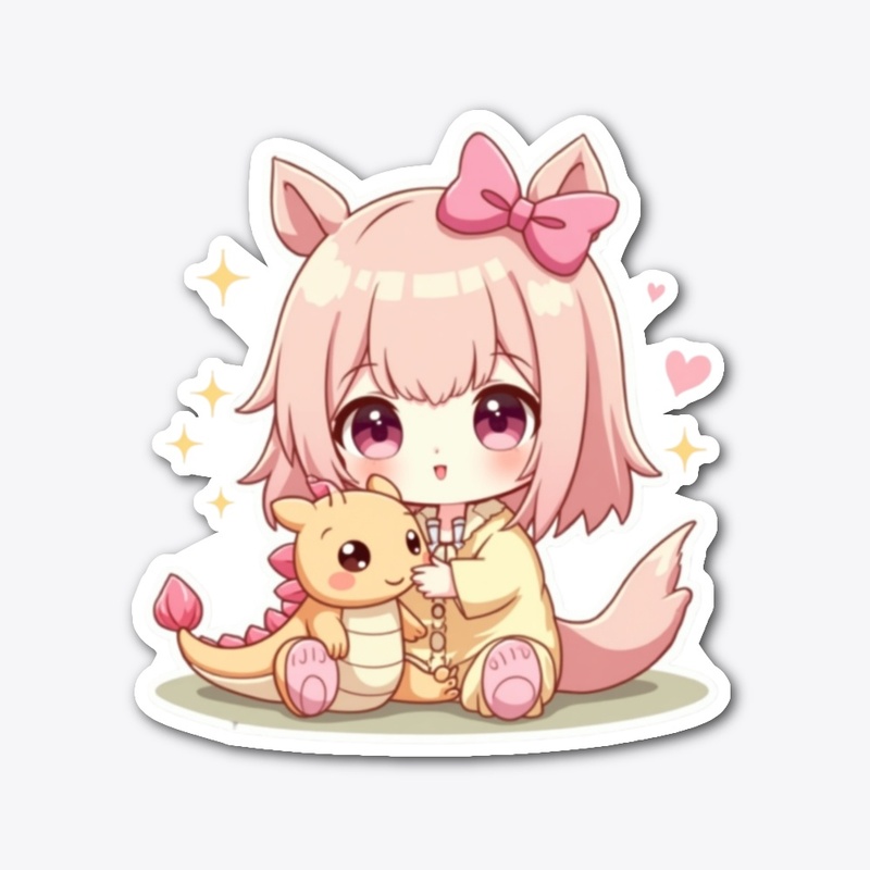 Kawaii Girl with Tiny Dragon Sticker