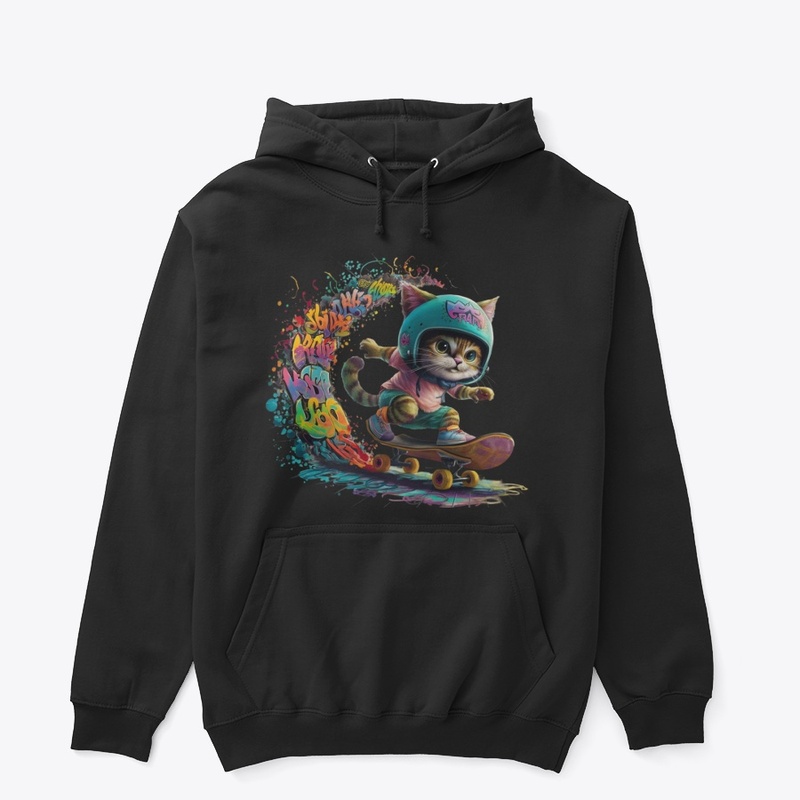 Cat skiing down a street of colors