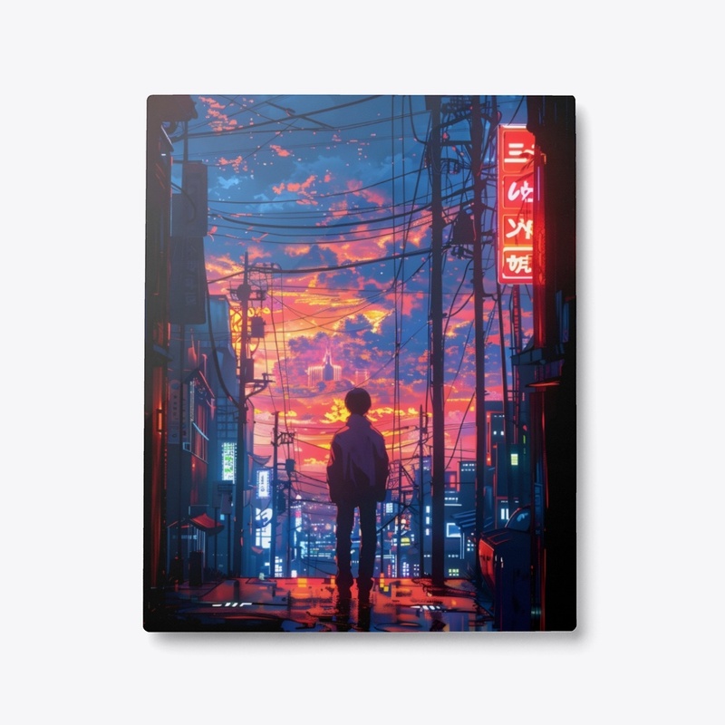 Metal Print Neon City Sunset 