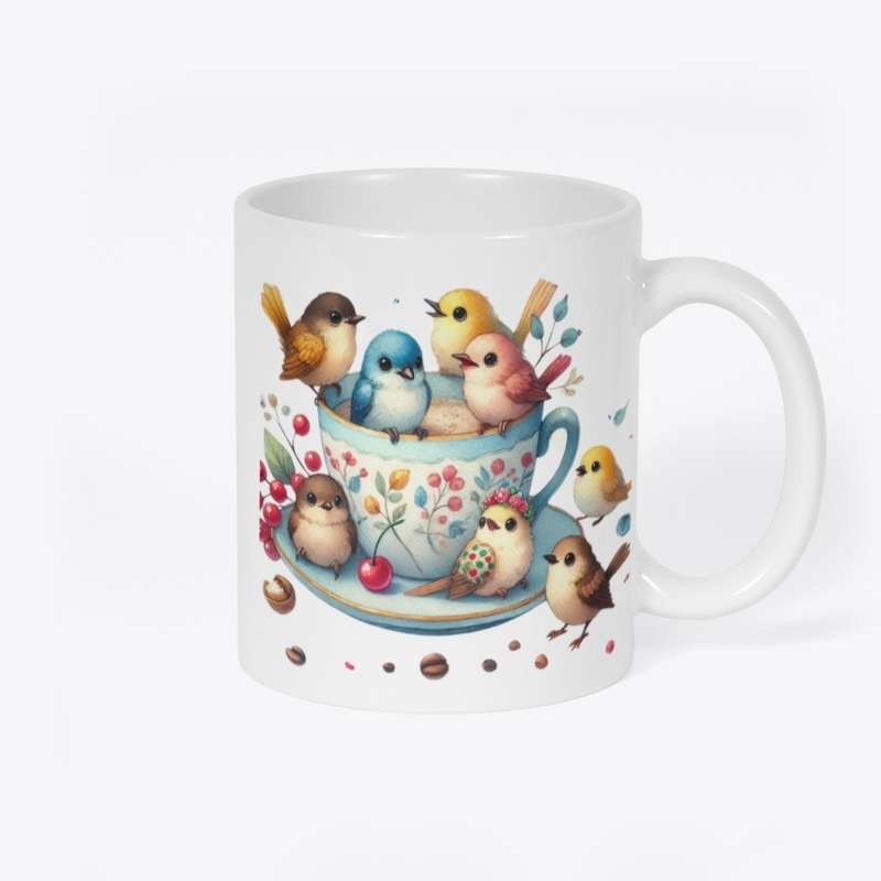 Tiny birds deeping in a mug.