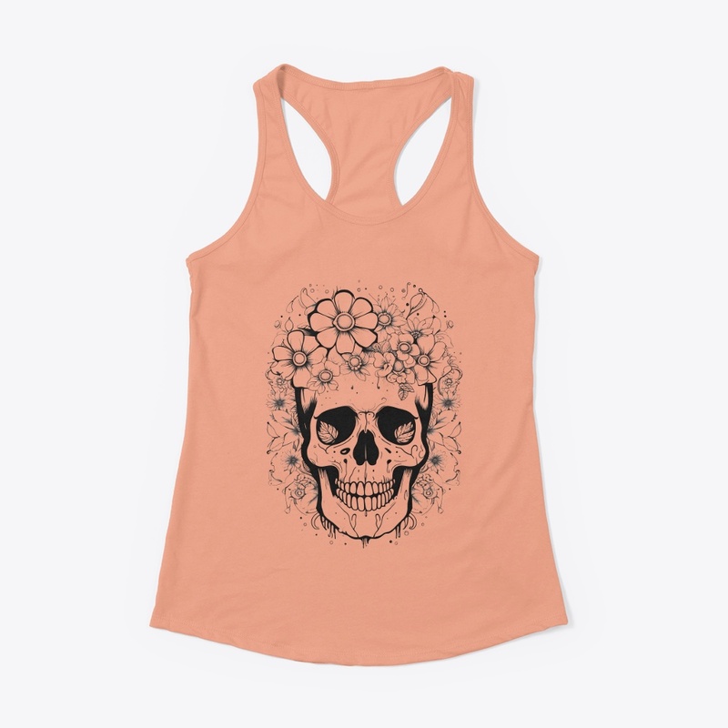 Black Skull With Flowers on head Design