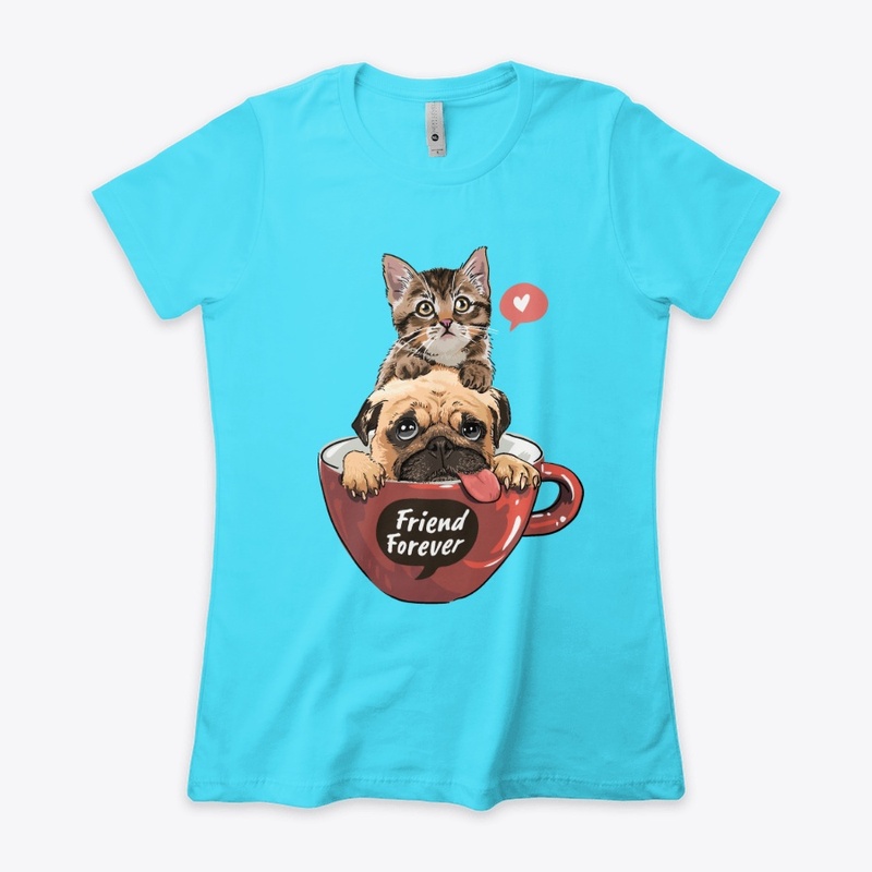 Kitten and pug dog sitting in a cup