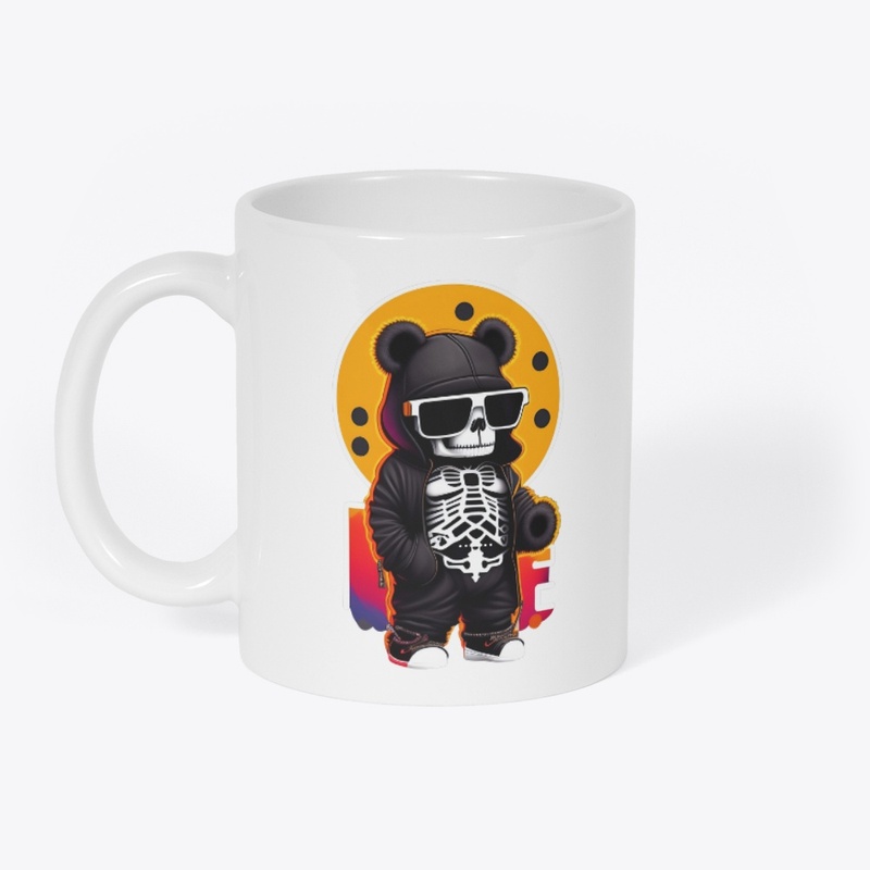 A teddy bear skeleton with a black hoodi