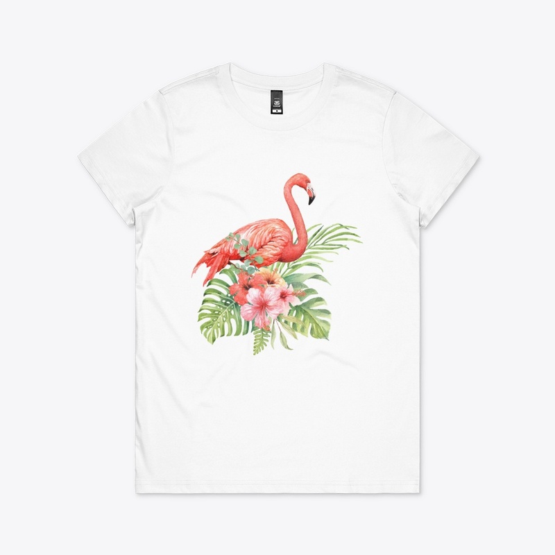 Watercolor flamingo in hibiscus bouquet