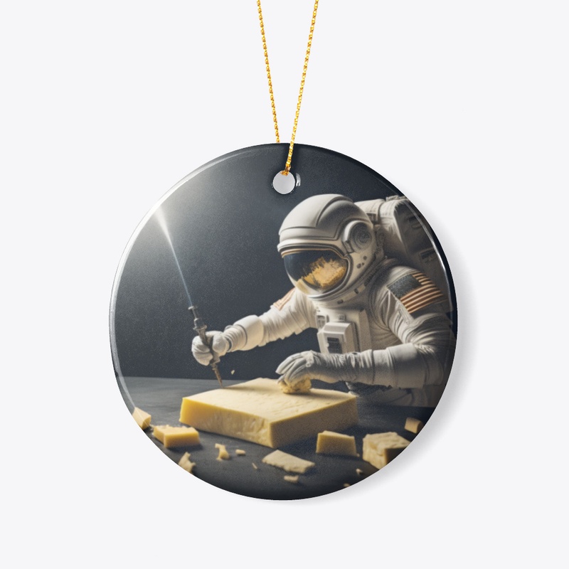 A spaceman inspecting space cheese