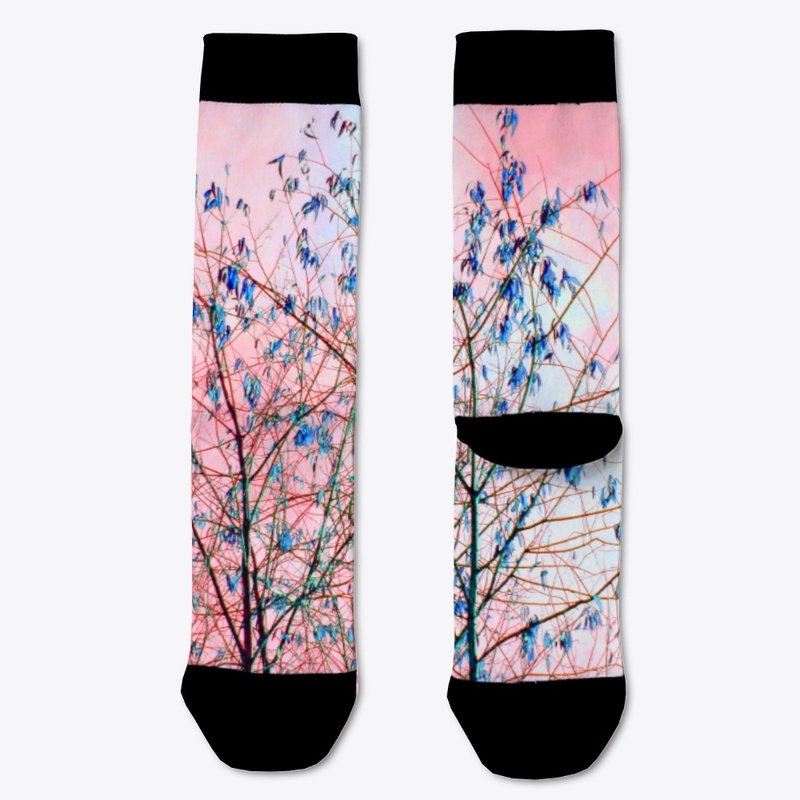 pink sky blue tree