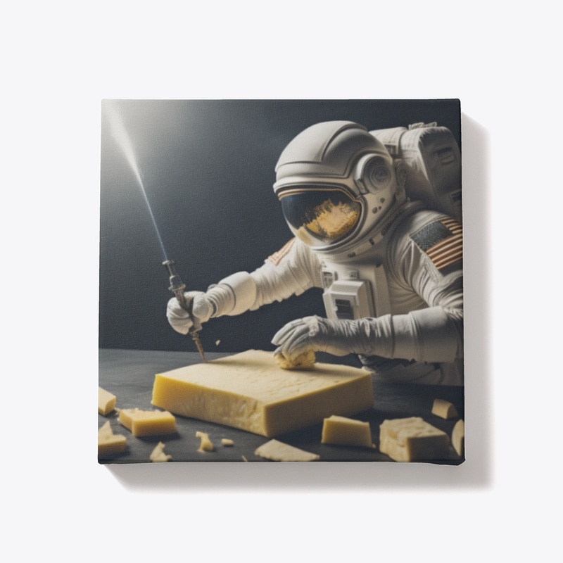 A spaceman inspecting space cheese