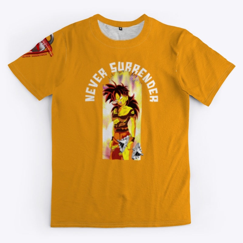 Orange T- Designs on front, back, sleeve
