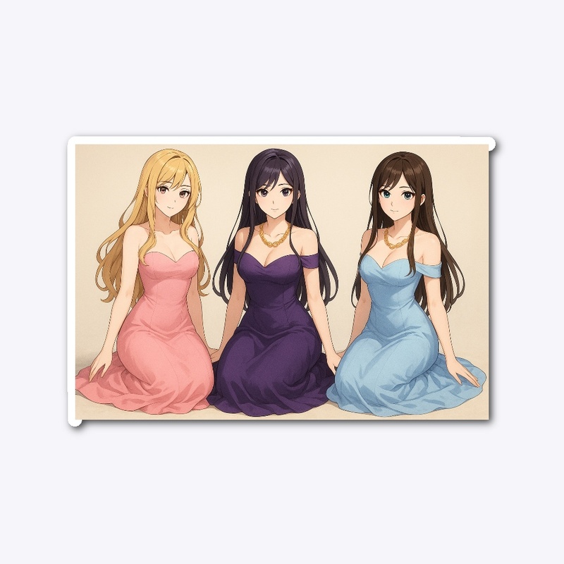 Three Elegant Women in Colorful Dresses