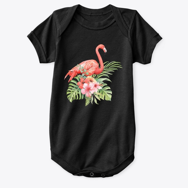 Watercolor flamingo in hibiscus bouquet
