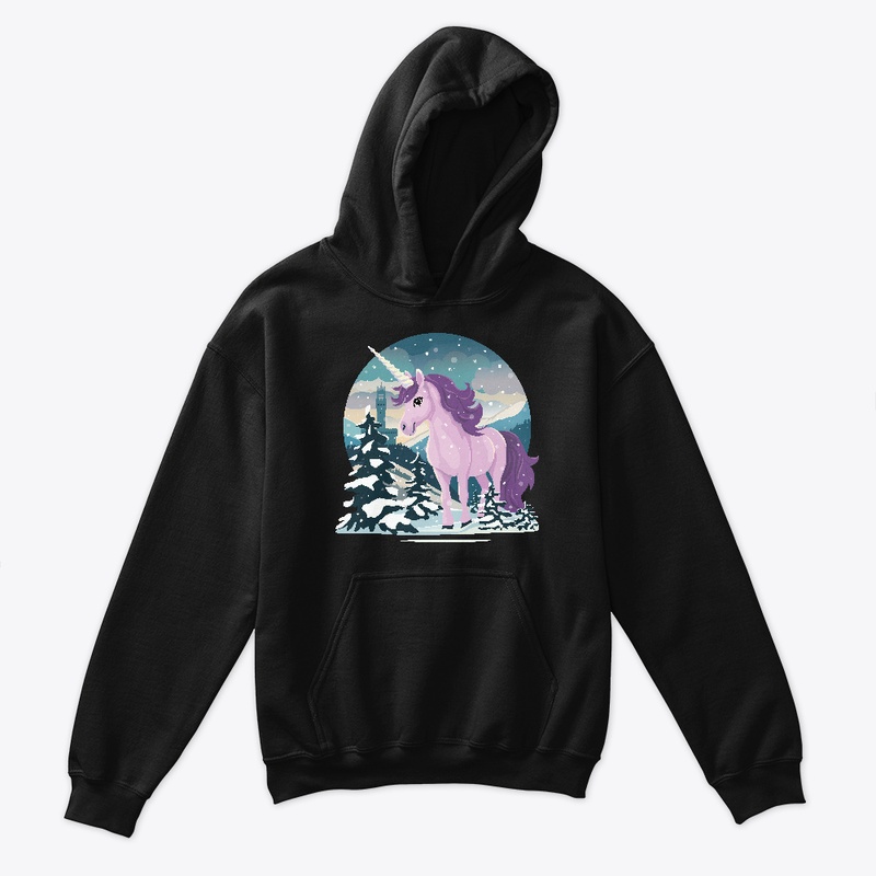 Cute unicorn in a winter landscape