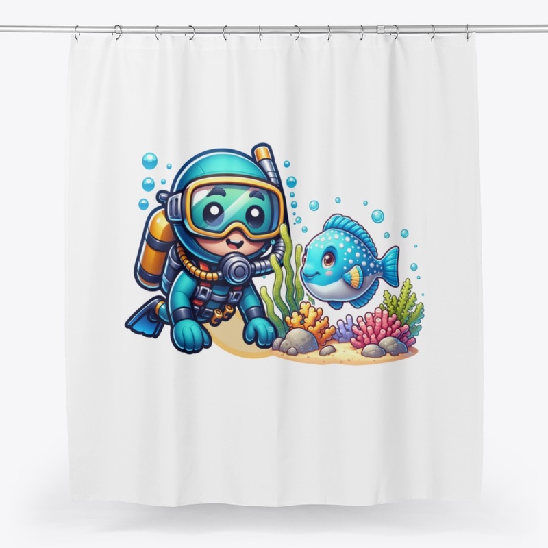 Cartoon Scuba Diver and Fish Coral Reef