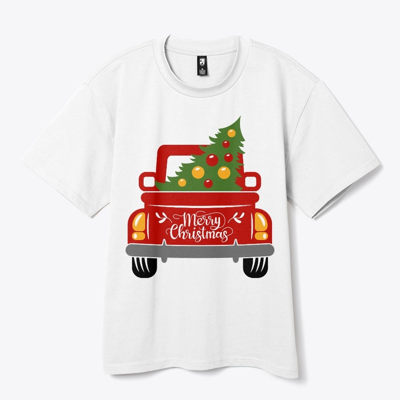 Vintage red trucks with christmas tree