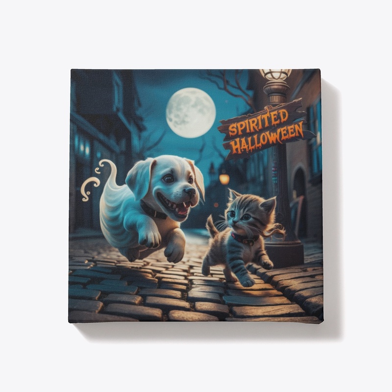 Cute Ghost Dog & Kitten Canvas Art