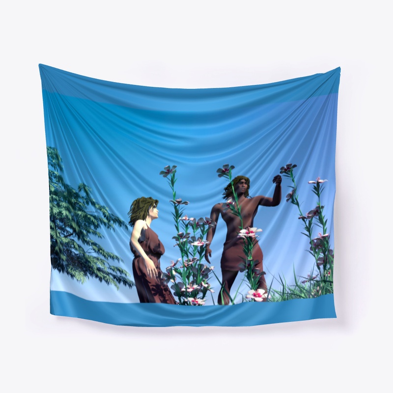 Adam and Eve looking at some flowers