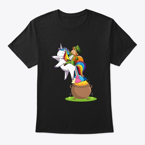 Leprechaun Riding A Unicorn   Funny St P Black T-Shirt Front