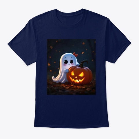 Halloween Cute Ghost T Shirt Pumpkin Lit Navy Camiseta Front