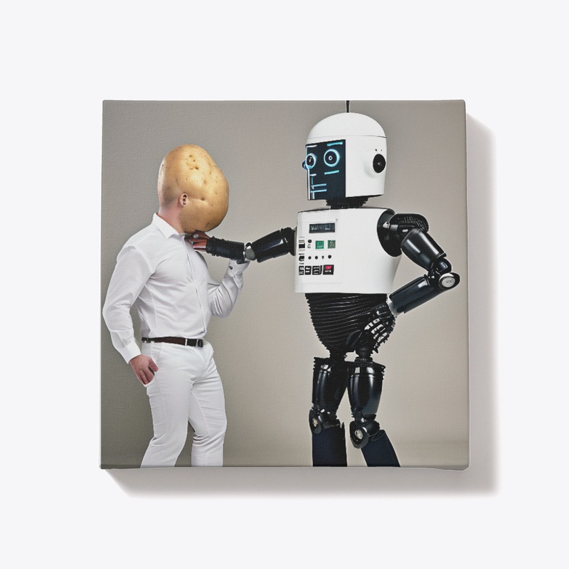 A robot stood up. A man wearing a potato