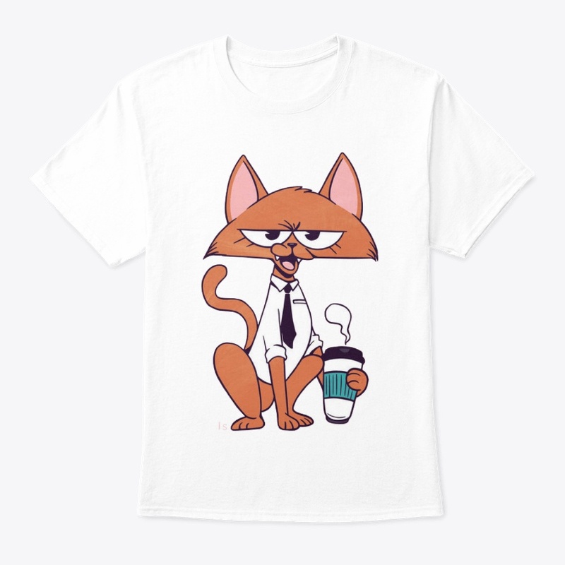 cat wearing a shirt  and drinking coffee