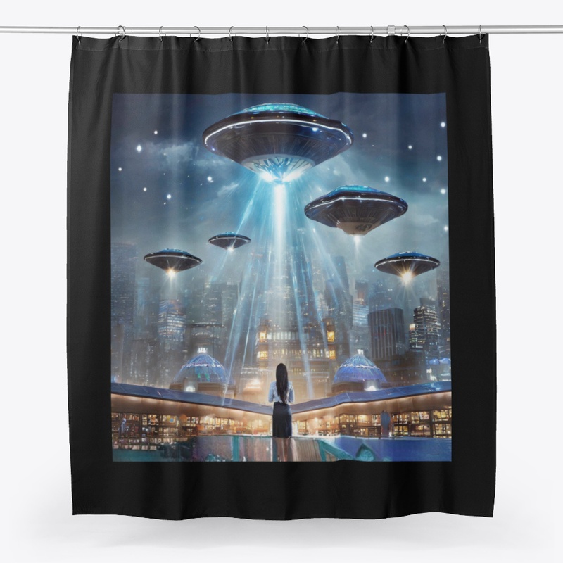 A woman stood under some UFO's