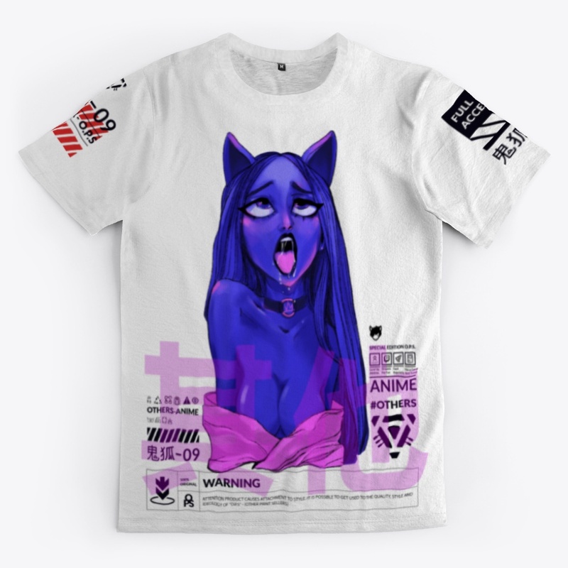 Kitsune 9 tails. Anime cyberpunk girl.