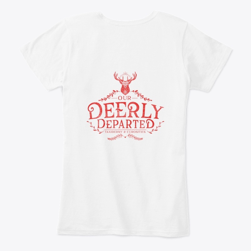 Deerly Departed logo with red ink.