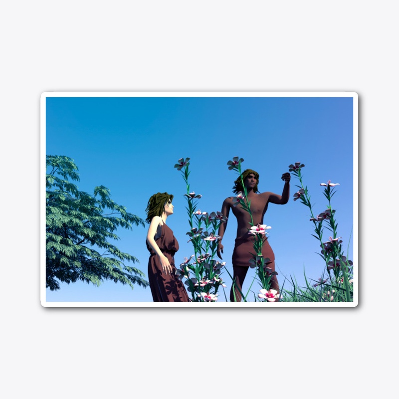 Adam and Eve looking at some flowers