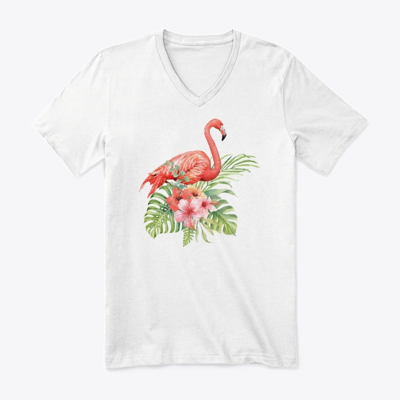 Watercolor flamingo in hibiscus bouquet