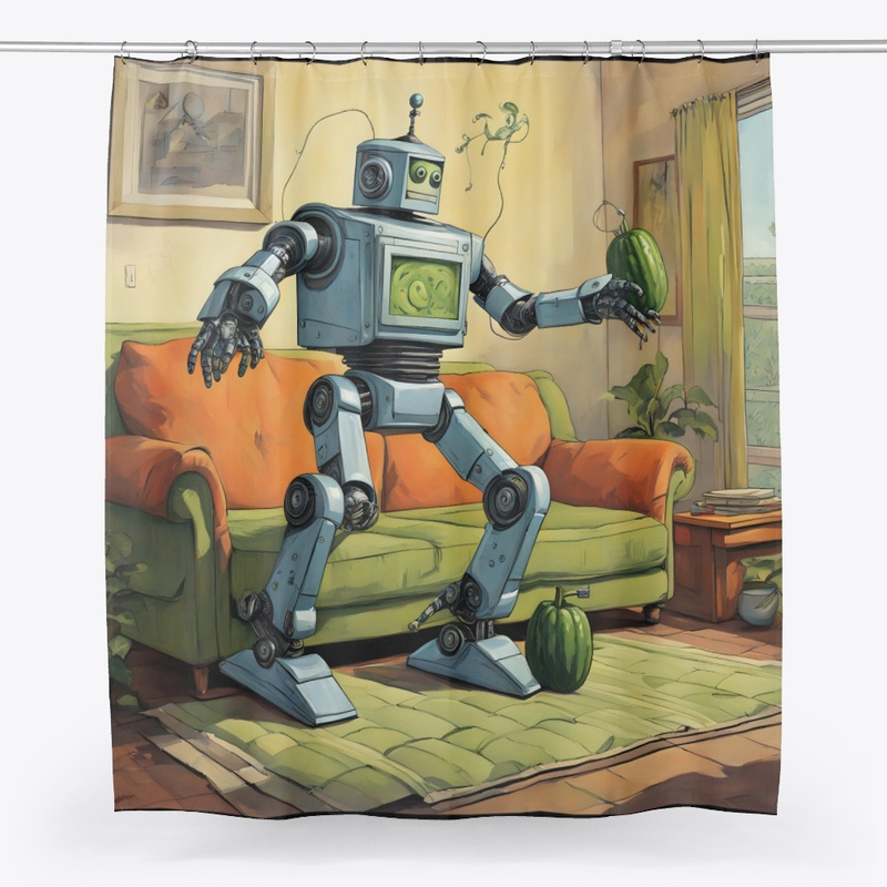 A robot holding a cucumber