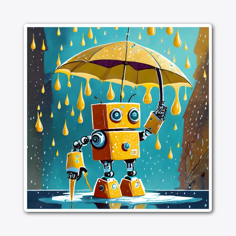 Robot with umbrella in custard