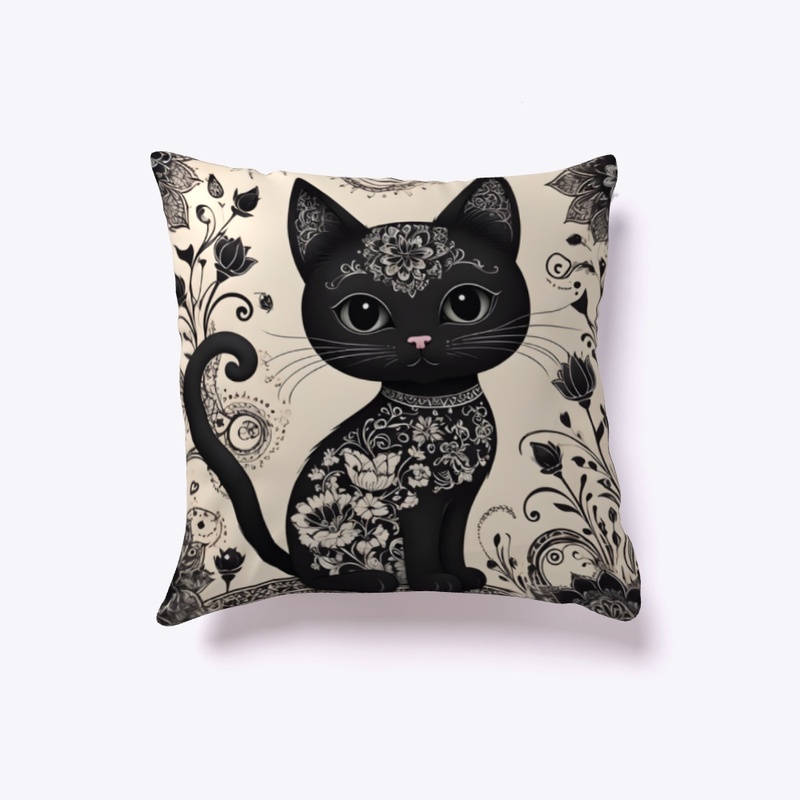 Cute Black Whimsy Goth Cat Pillow