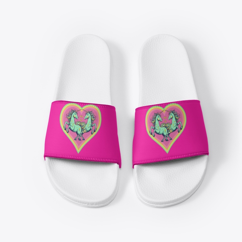 Two unicorns, stars in rainbow heart