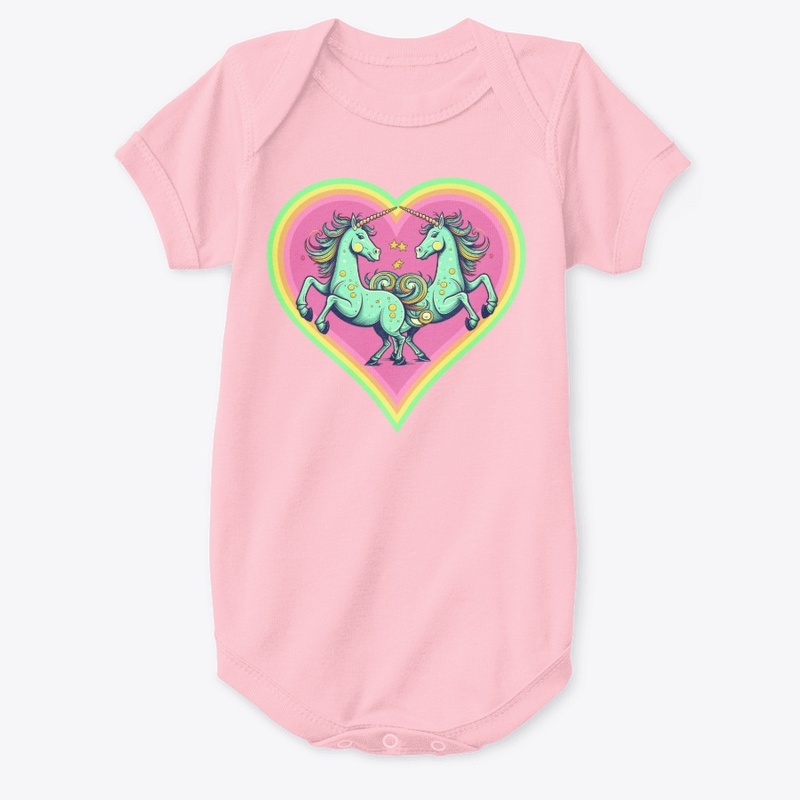 Two unicorns, stars in rainbow heart