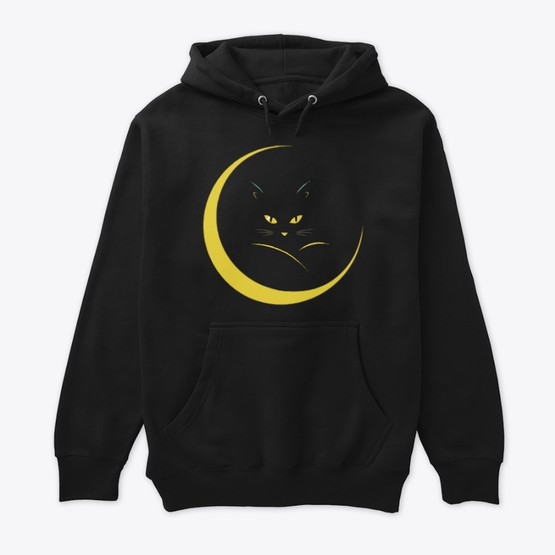 Mystical Cat in Golden Crescent Moon