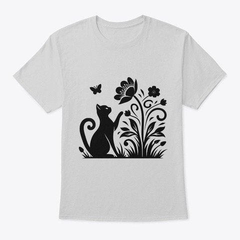 Cat & Flower Silhouette, Cat Lover Tee  Light Steel T-Shirt Front